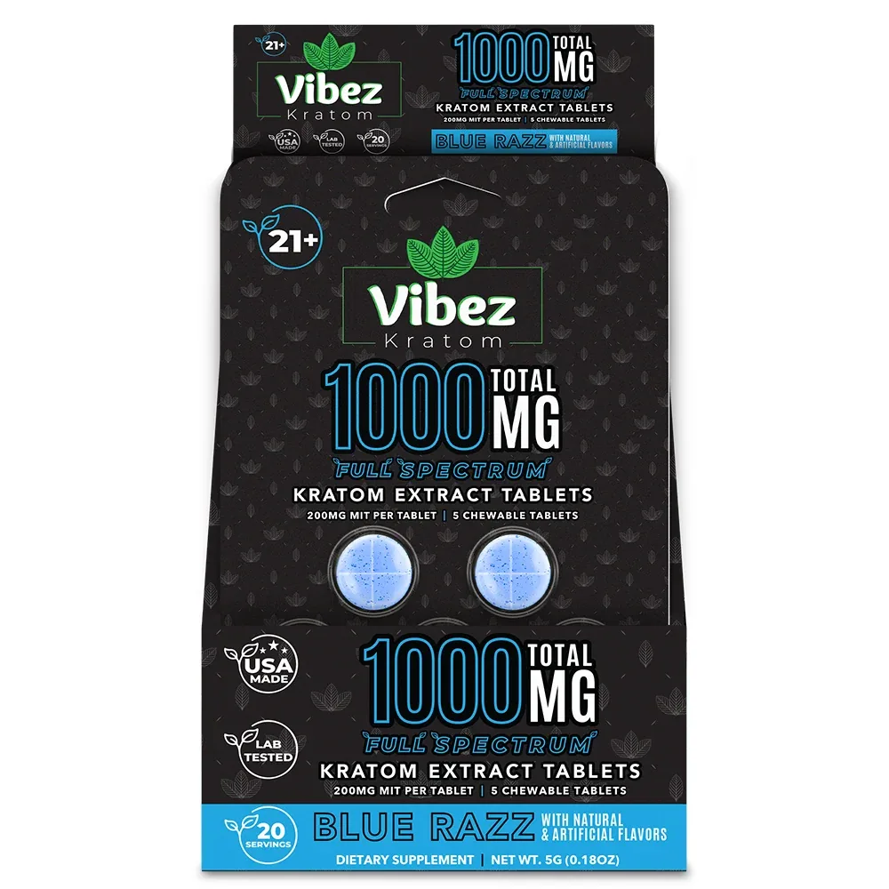 Vibez Kratom Blue Razz 5 Count Blister Card 1000MG - 10 Pack (Box)